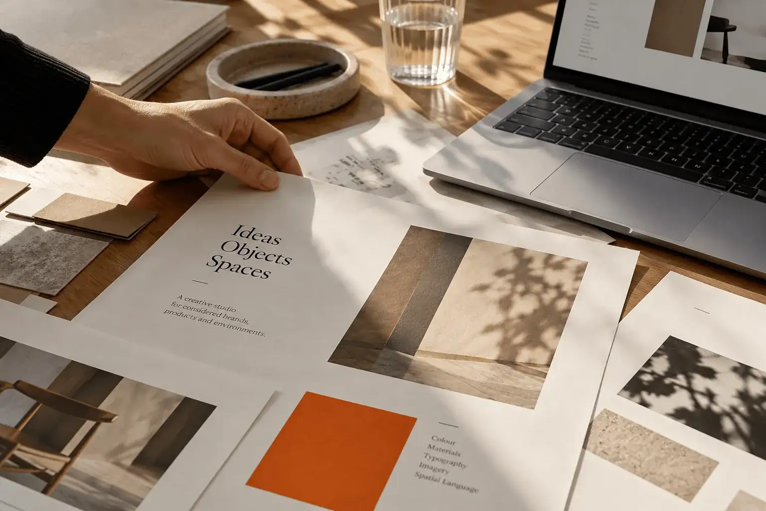 Illustrative design workspace with paper layouts and an orange colour swatch